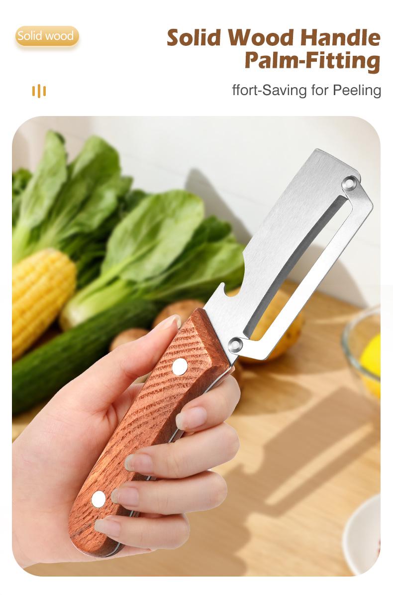 Vegetable & Fruit Peeler (Premium Grade) with Stainless Steel Blade, Wooden Handle, and Added Built-in Bottle Opener – Ideal for Potatoes, Apples, Zucchinis, Papayas, and Pumpkins