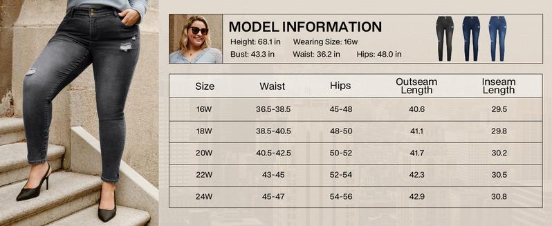 Hanna Nikole Women's Plus Size Jeans Skinny High Waisted Ripped Stretchy Denim Pants with Tummy Control & Pockets for All Seasons Casual Wear Trouser