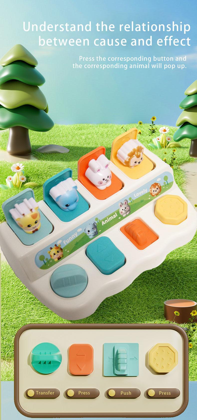Baby Pop-Up Animal Toy with Buttons, Cause and Effect Toy for Logic and Memory Training, Interactive Montessori Toy for Kids