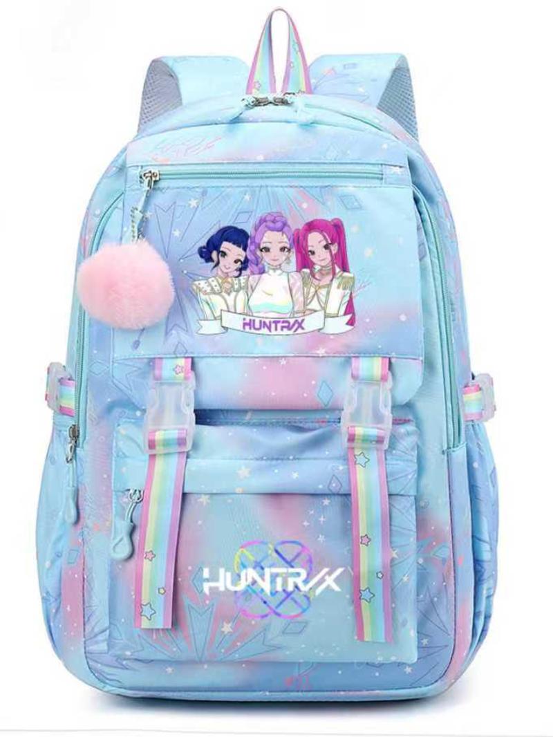 Cute Kpop Hunter Girl Group Cartoon Backpack, Trendy Backpack, Adorable Jk Plaid Sweet Student Bag, Anime Style with Fur Ball, All Seasons, Cute Versatile Backpack