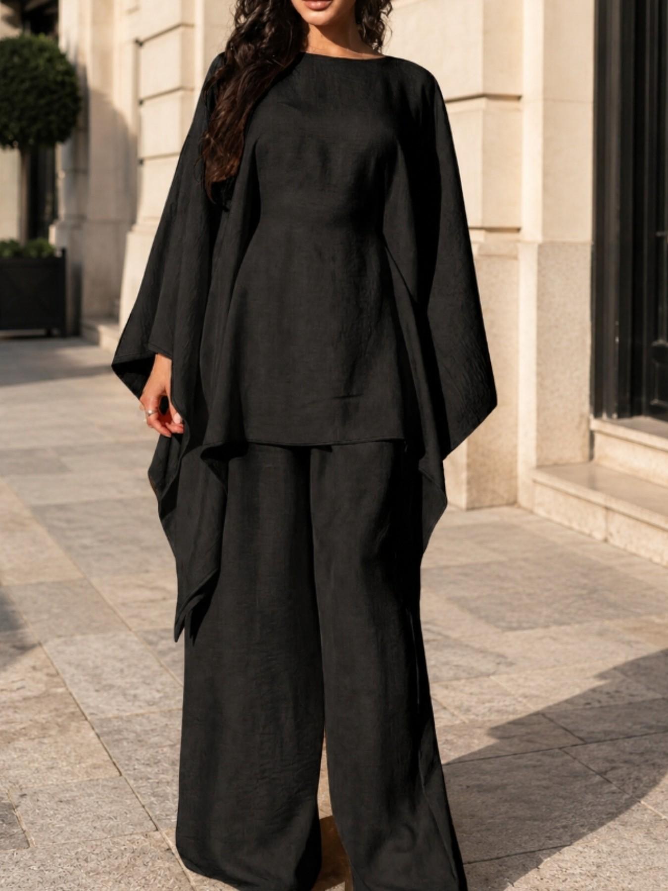 Women's 2-Piece Wide Leg Pants Set, Lightweight Soft Fabric, Casual Cape-Style Loose Top + High-Waisted Pants, Summer Fashion