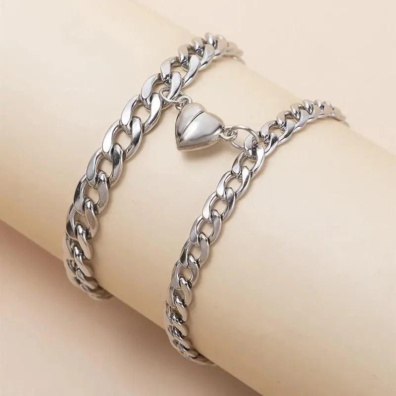 2-Piece Set Stainless Steel Magnet Couple Bracelets, Cuban Link Chain with Heart Charm, Simple Look Daily Wear Key Lock Jewelry Gifts