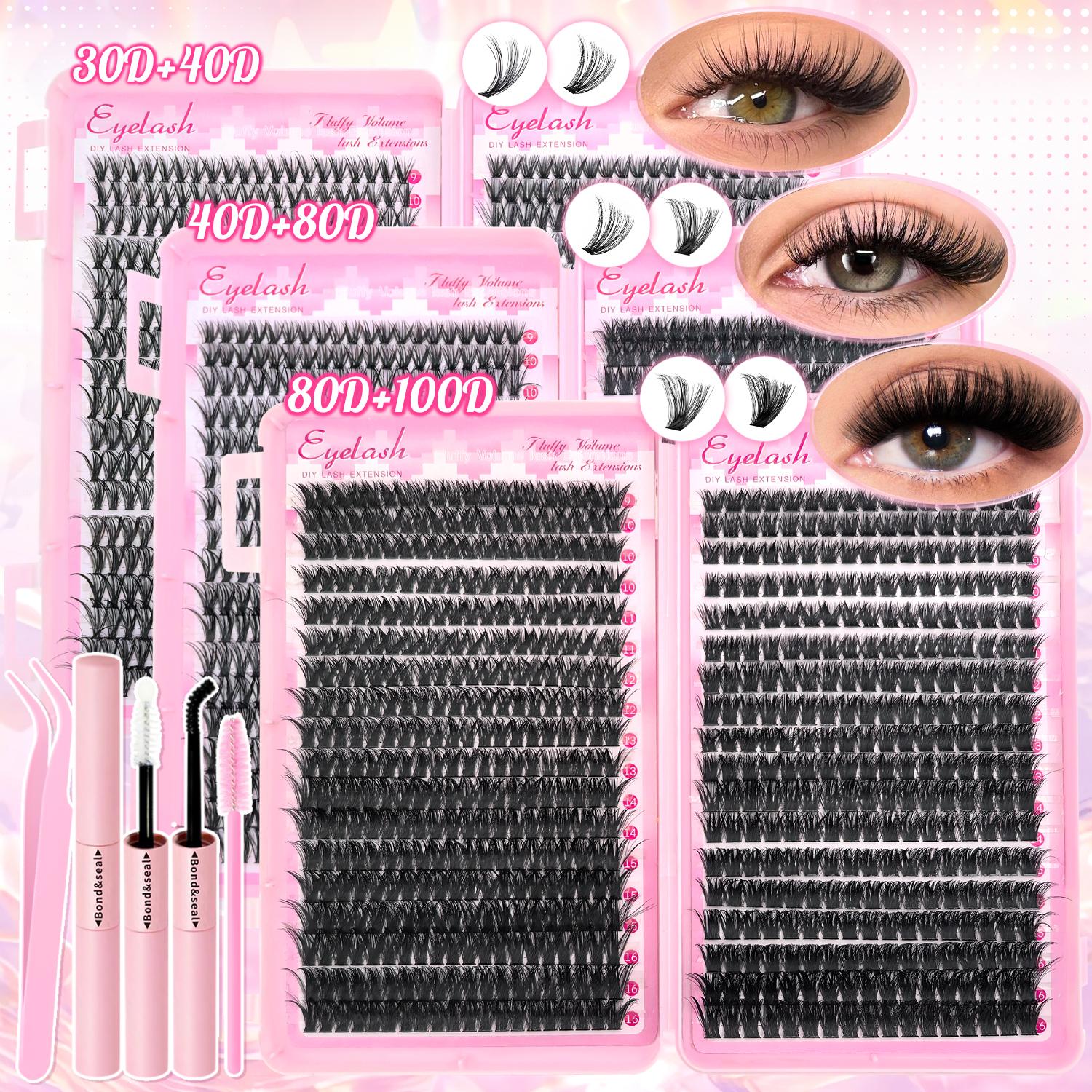 Natural & Thick Look Eyelash Extensions, 1 Box Mixed Length Individual Lashes with Glue & Tweezers & Brush, Eye Makeup Enhancement Tool for Women, Cosmetic