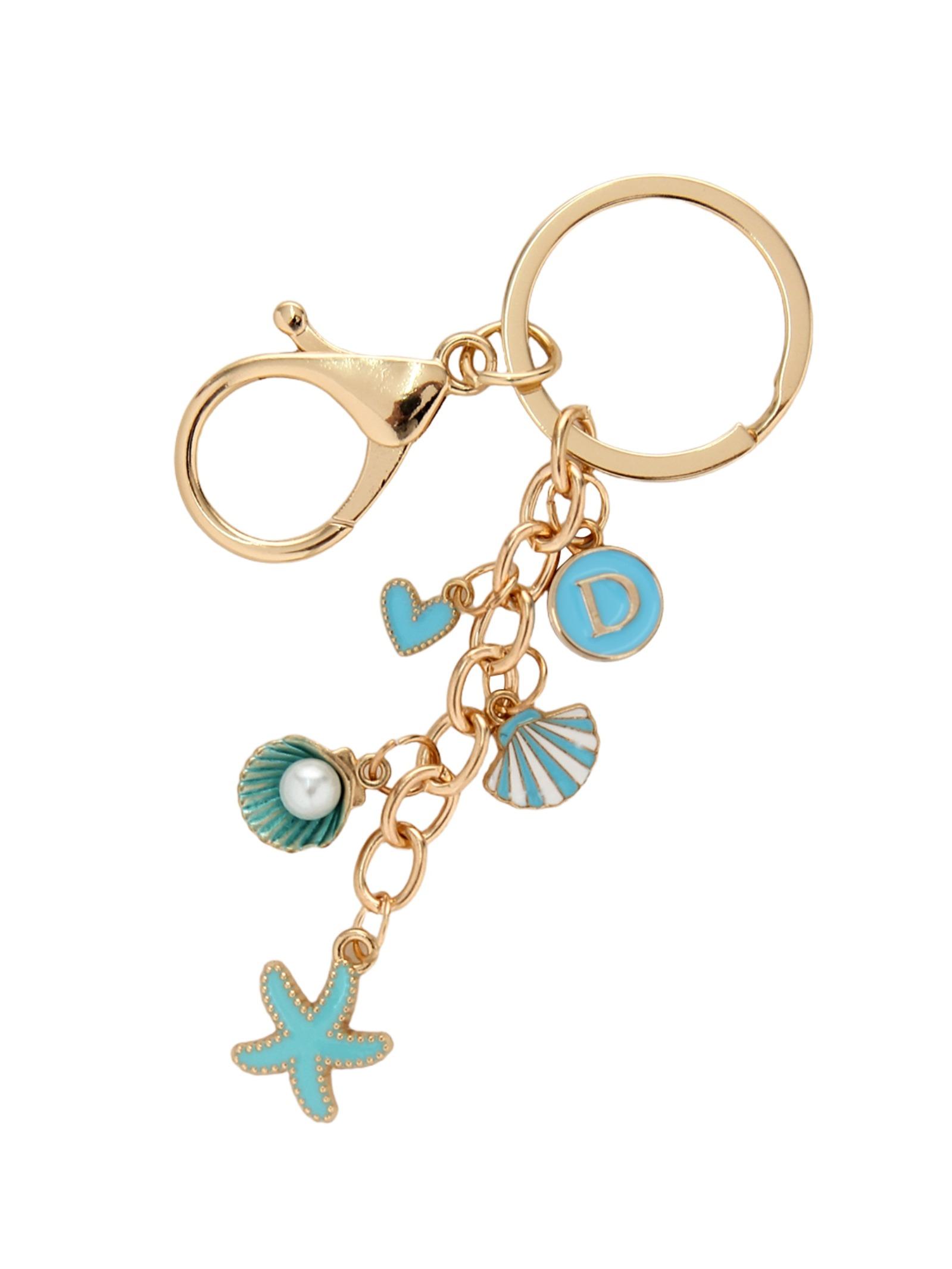 Aluminum Alloy Keychain with Starfish Shell Pearl Charm, 26 Letter Design, Ocean Theme, Handbag Accessory, Unique Gift Idea