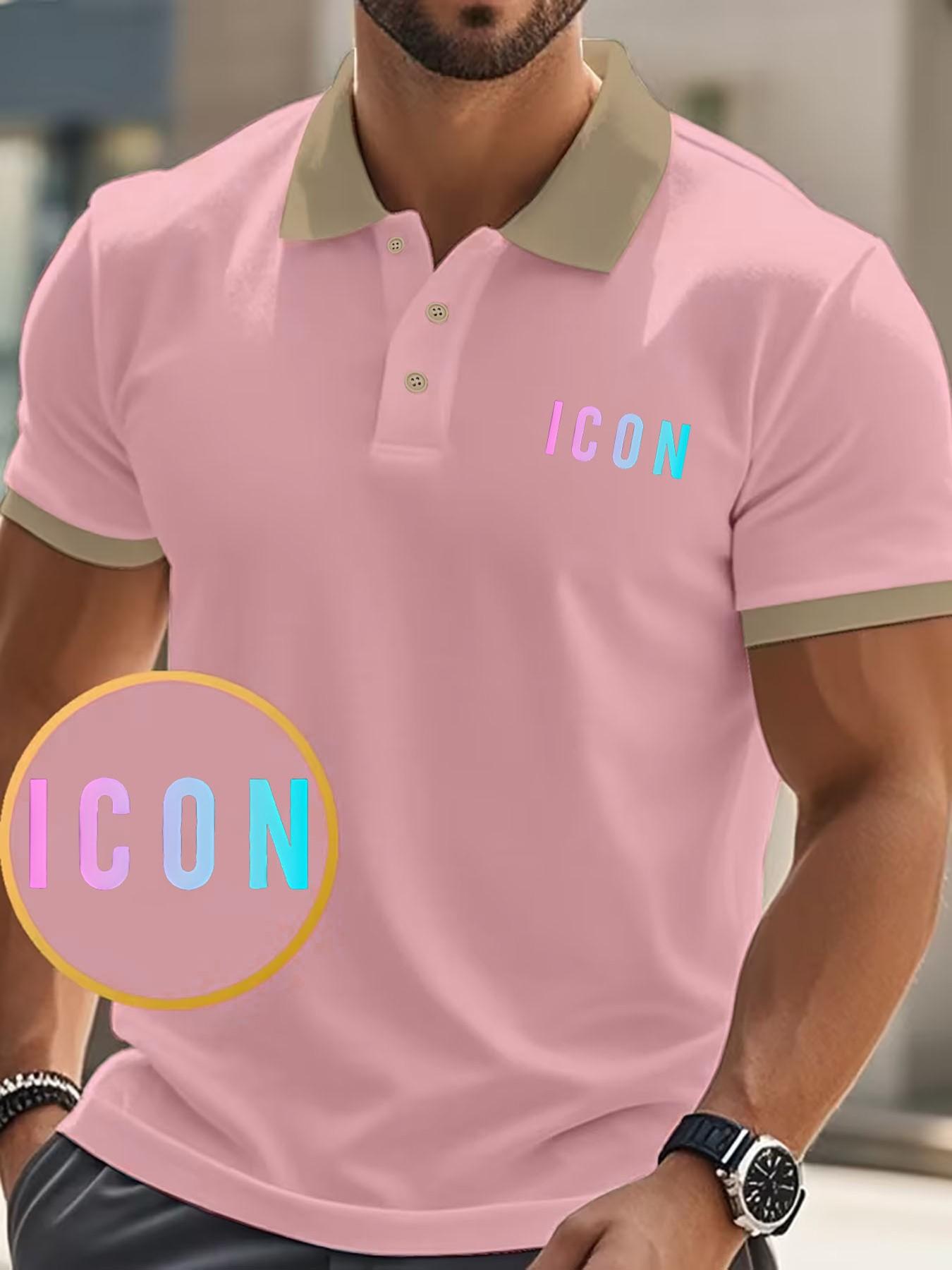 Trendy Versatile Golf Shirt, Summer Men's Retro Icon Logo Polo, Collar Button Casual Top, Short Sleeve Slim Fit, Spring & Fall