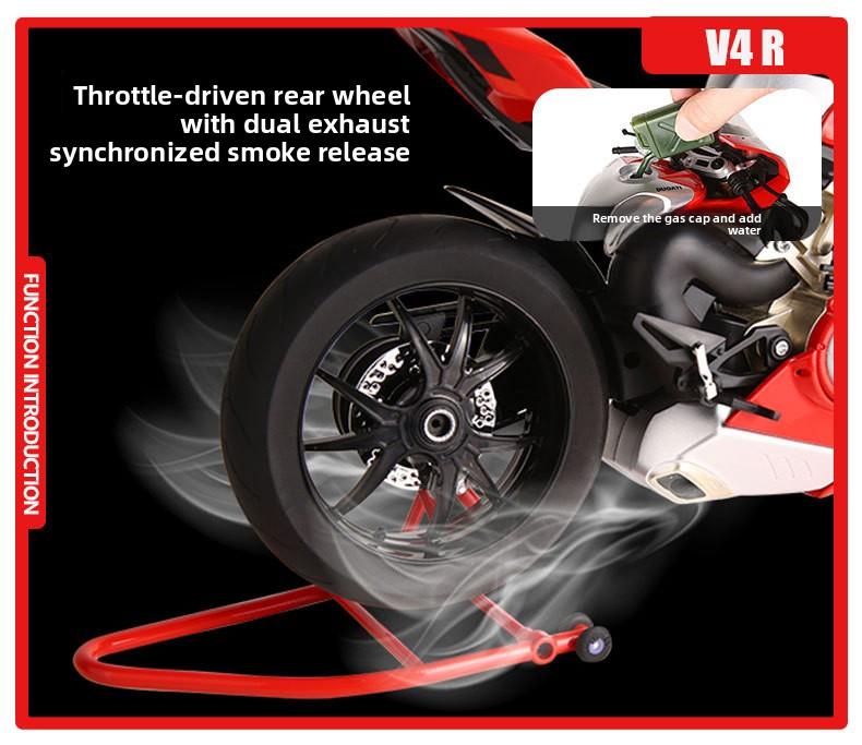 1:6 Ducati V4R electric motorcycle model, capable of starting, with flashing lights, chain-driven, rear wheel rotation, supports adding fuel to the fuel tank. It is an excellent choice for collection and gift giving.