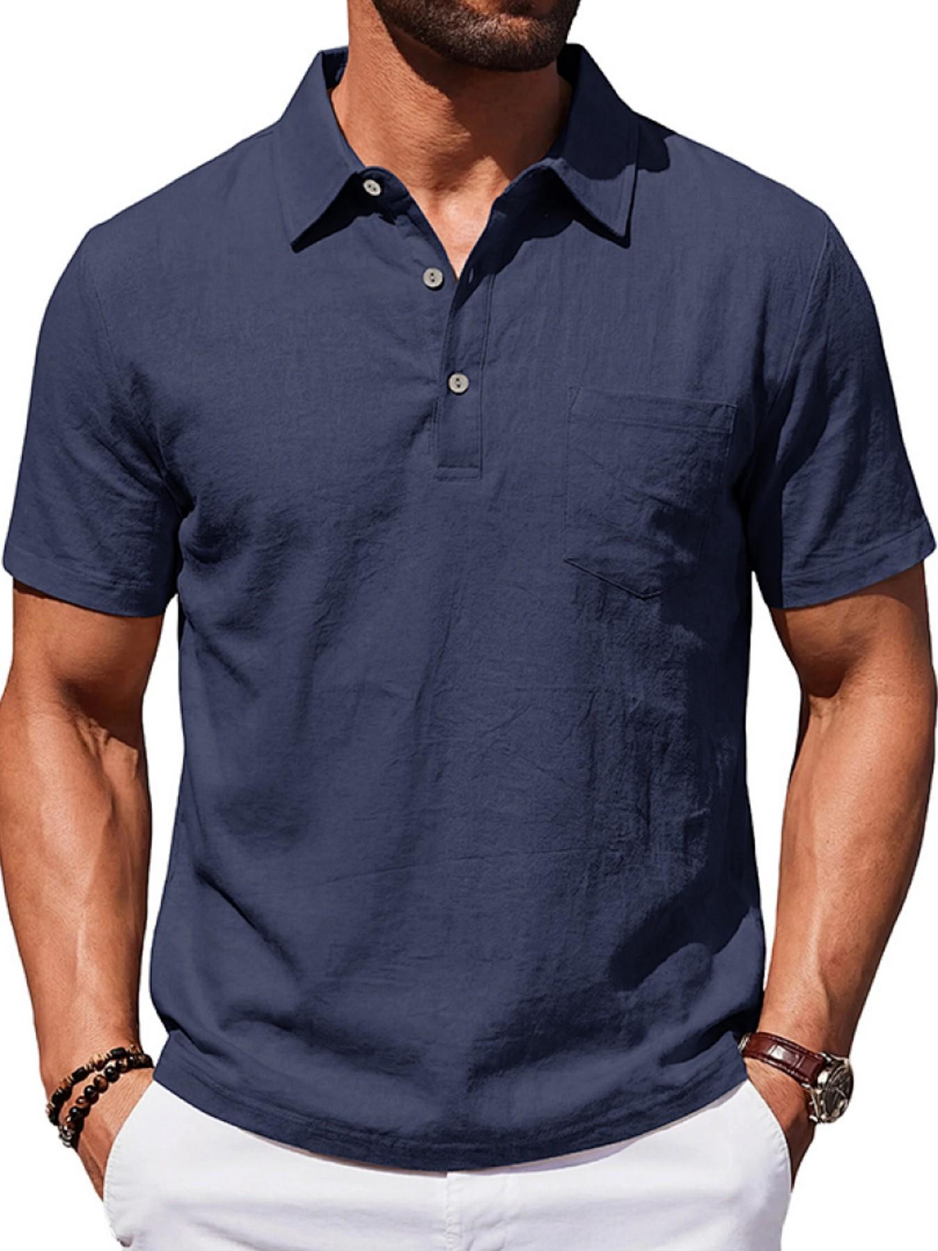 Men's Summer Linen Polo Shirt, Loose Fit Business Casual Breathable Commuter Top, Simple Design Short Sleeve Polo for Men
