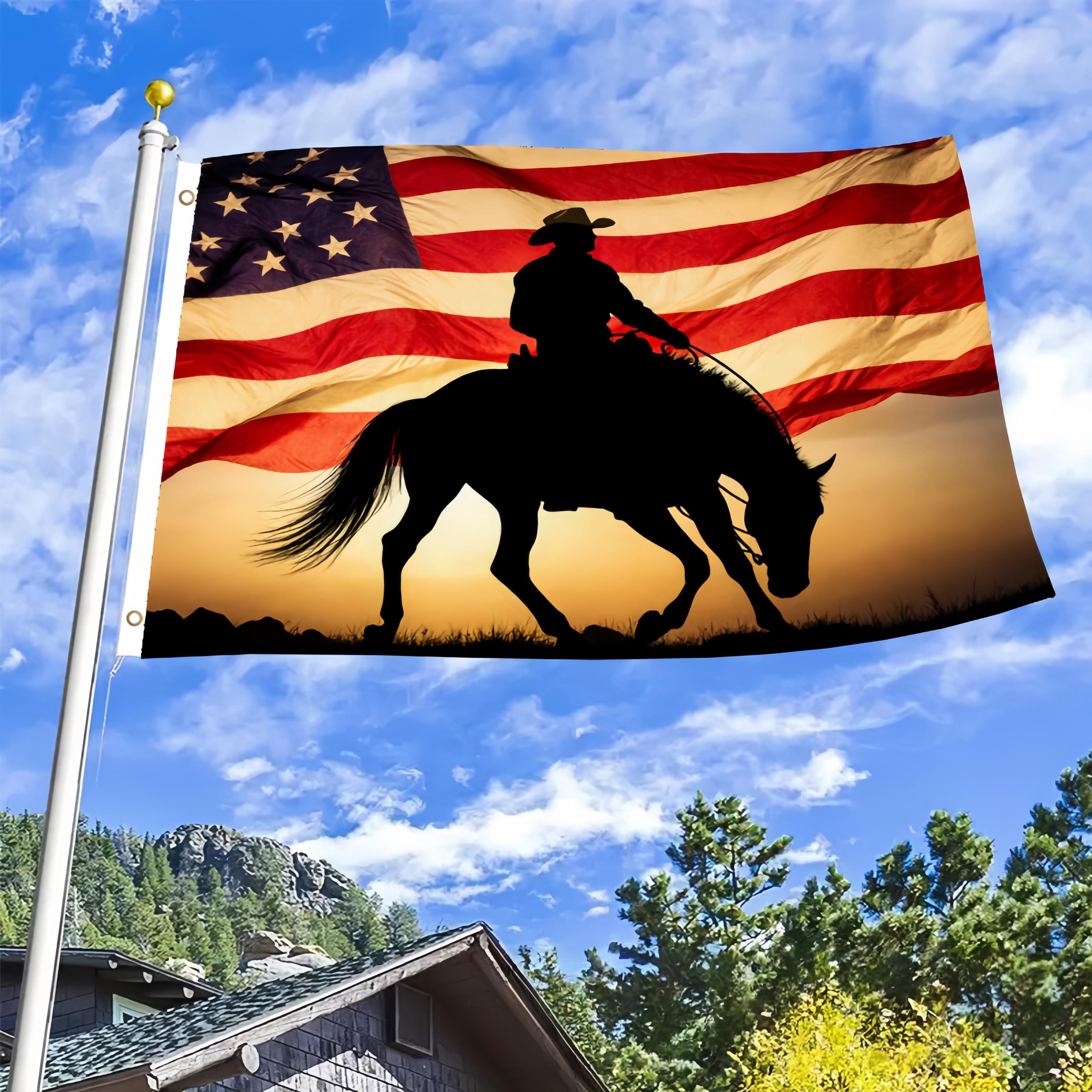 3x5 Ft American Flag Cowboy Horse Silhouette Flag, Western Rodeo Patriotic Outdoor Banner, Fade‑Resistant Vintage Sunset Cowboy Yard Flag for Ranch & Western Home Decor