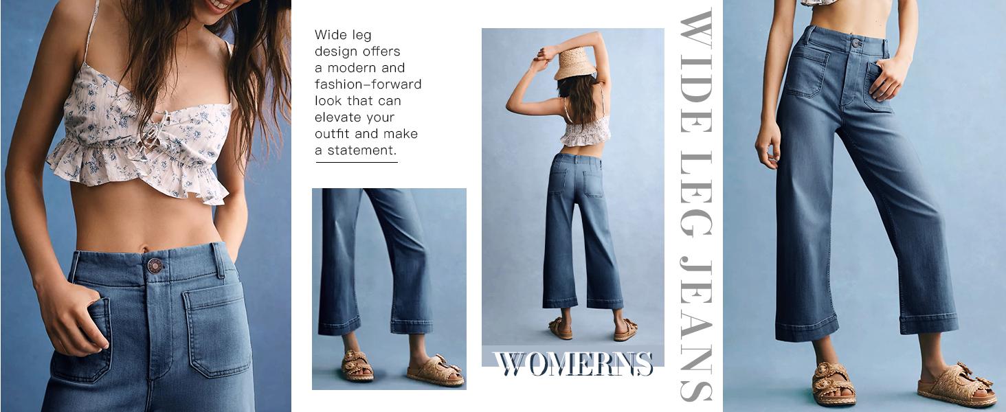 Cicy Bell Wide Leg Jeans for Women Trendy High Waisted Flare Stretchy Cropped Baggy Denim Pants with Front Patch Pockets - Womenswear