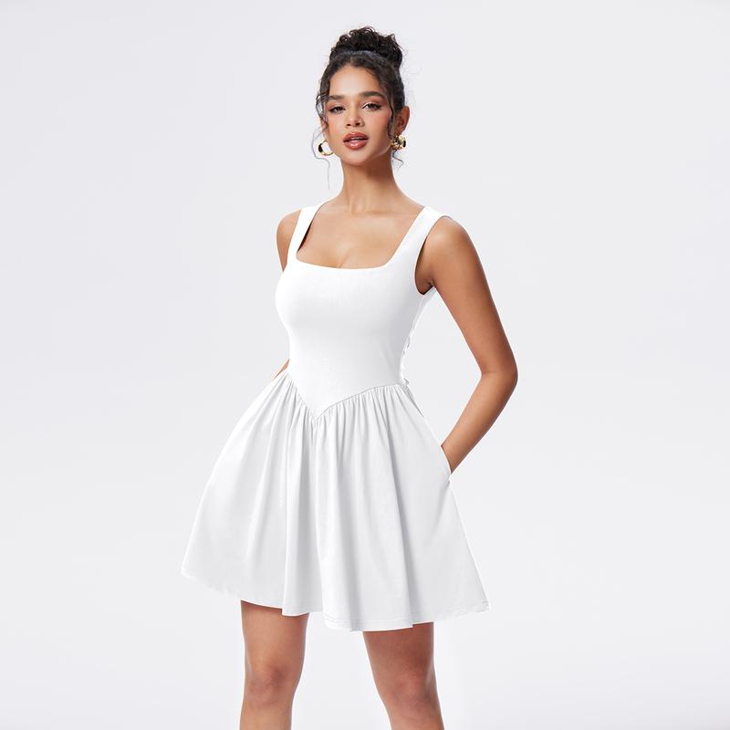 OYV Women's Summer Sleeveless Square Neck A-line Ruffle Hem Mini Tank Dress with Pockets OYV Women's Summer Sleeveless Square Neck A-line Ruffle Hem Mini Tank Dress with Pockets