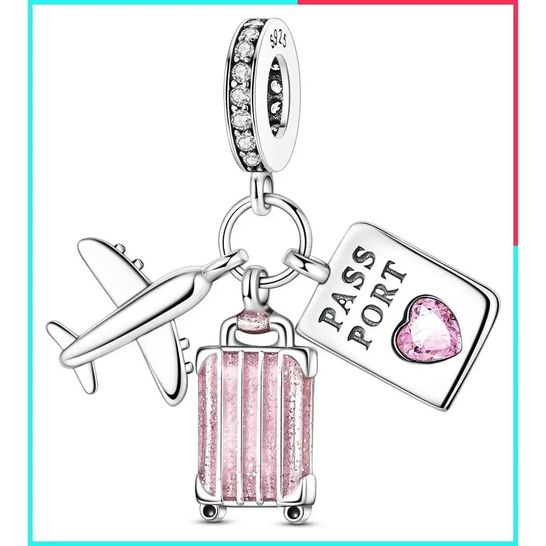 925 Sterling Silver Charms for Bracelets & Necklaces - Pink Travel Charms, 14K Gold Plated Airplane, Passport, Headphone, Heart & Lucky Clover Pendant Beads