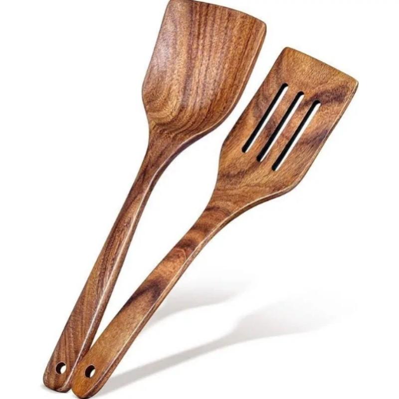 Premium Teak Cooking Utensils Set, Non-Stick Pot, Heat Resistant, Ergonomic Handle, Comfortable Grip, Suitable for Stirring