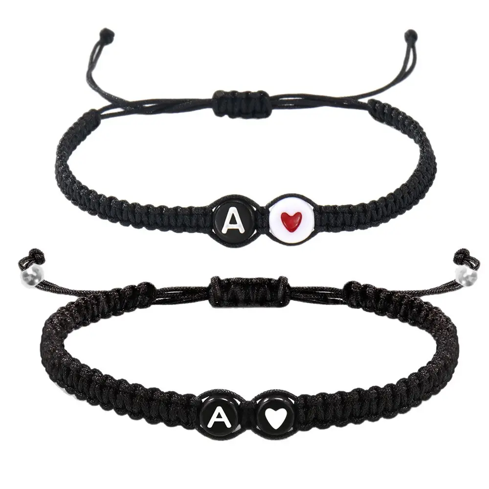 Women’s & Men’s 2-Pack Handmade Adjustable Customizable Heart & Initial Letter Charm Bracelets, Matching Couple Costume Fashion Wrist Jewelry