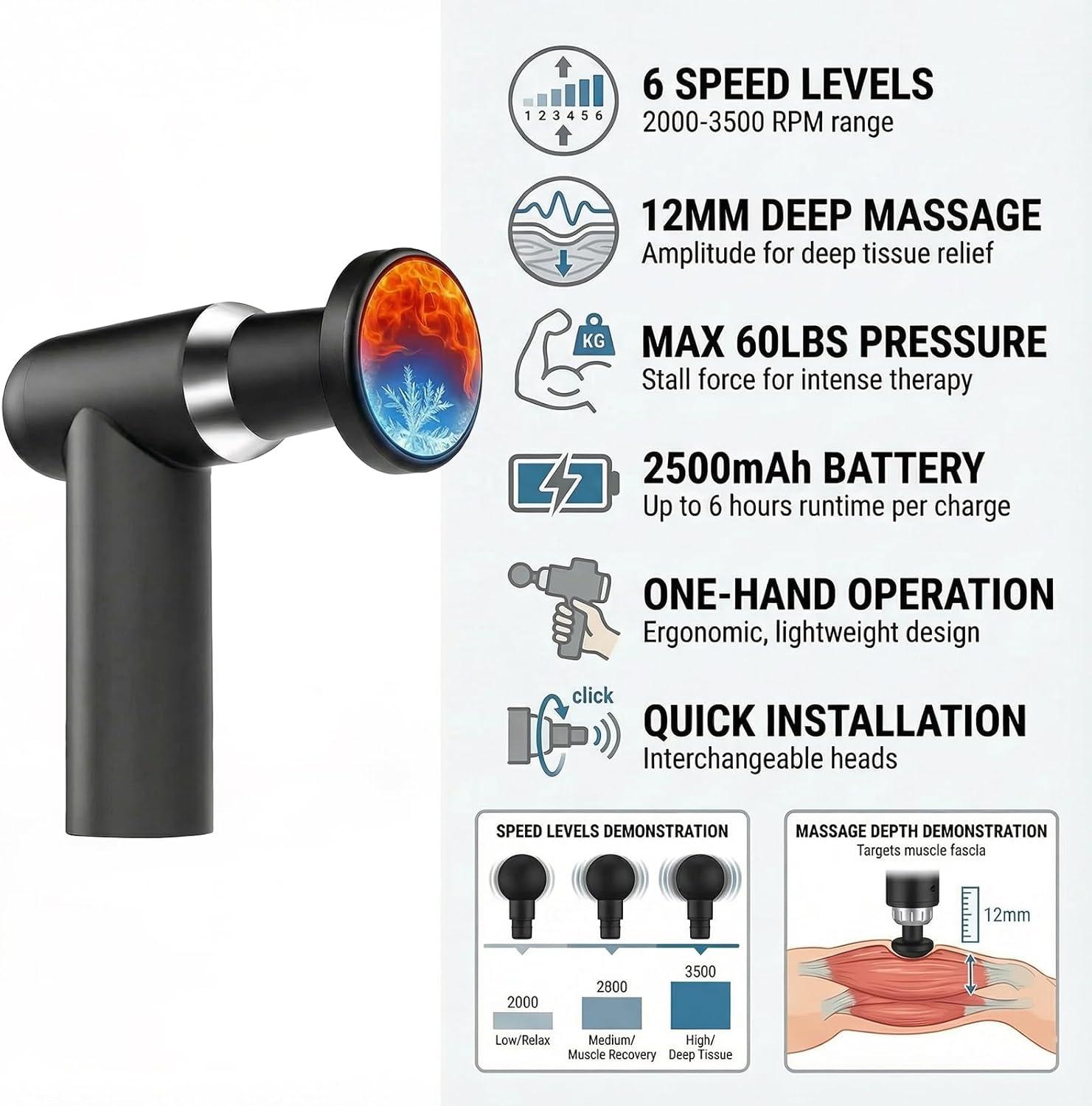 Deep Massage Gun Tissue Back & Body Massager for Pain Relief | Percussion Massager with 6 Massage Heads & Silent Brushless Motor | Valentine's Day Gift for Him or Her | Black 2-in-1 Design Detachable Long & Short Handles for Easy Portability