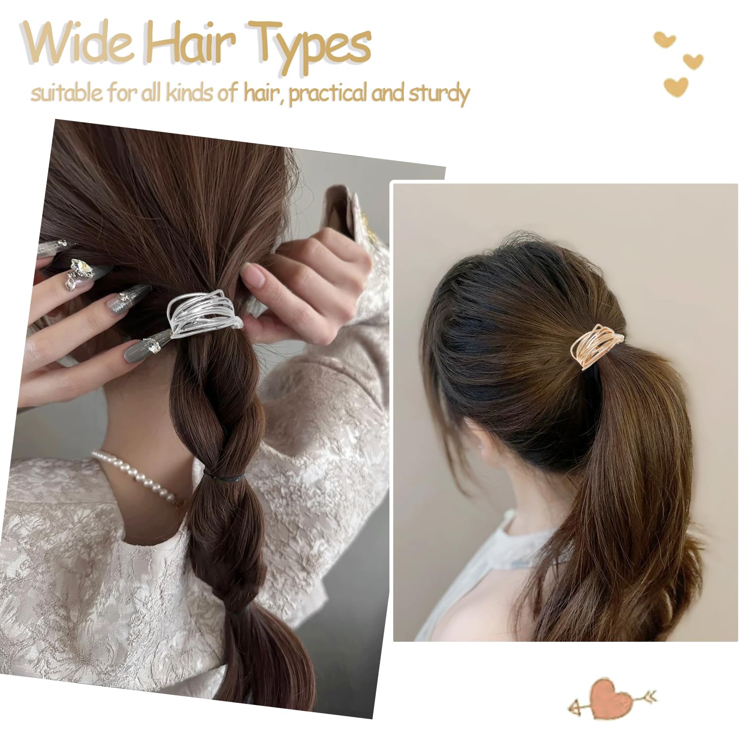 3 Pcs Metal Ponytail Holder Hair Clips Gold High Ponytail Buckle Hair Cuff Silver Ponytail Cuff for Long Hair Women Girls Hair Buckles Decorative Barrettes French Strong Hold Hair Jaw Clip Accessories