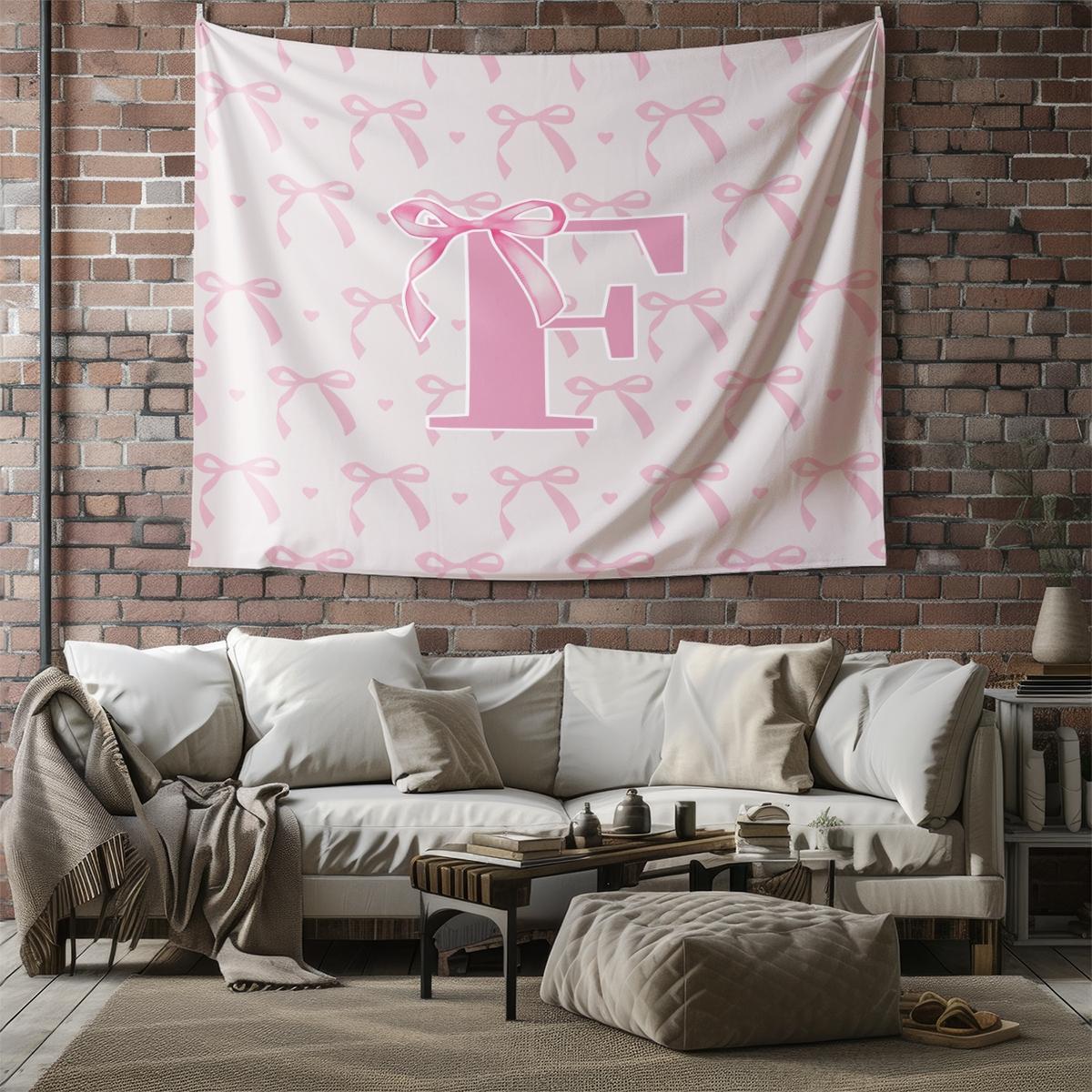 Pink Bow Heart Wall Tapestry, Custom Initial Sweet Print, Soft Decorative, Ideal for Girls Bedroom Living Room Wall Decor