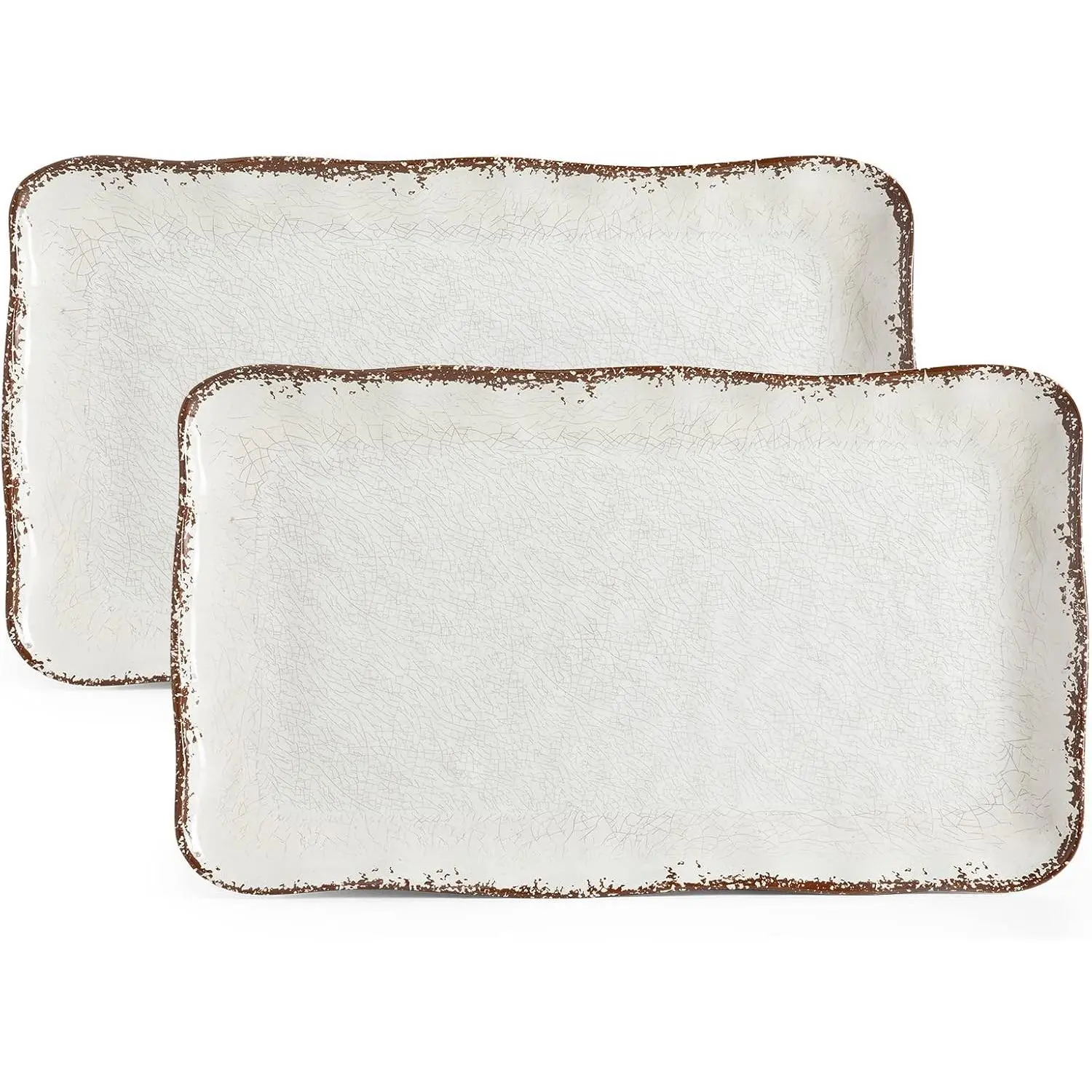 Farmhouse Large Serving Platters, 2 Piece Melamine Dinnerware Set, 17.5 x 10 Inches Vintage Serving Tray, Rectangle White Rustic Trays Set of 2