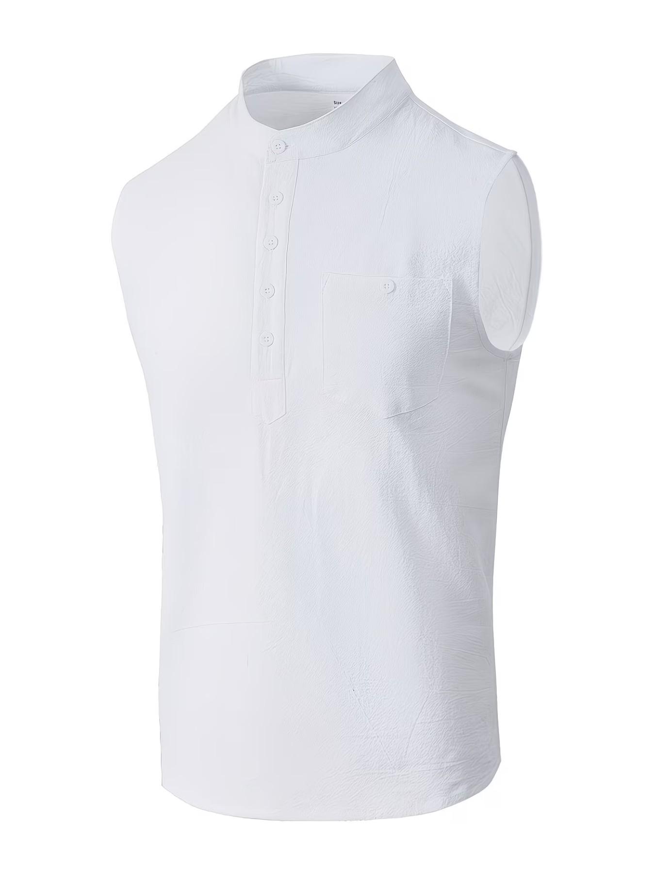 Men's Stand Collar Henry Neck Sleeveless Shirt, Breathable Linen Texture, Loose Fit, Casual Summer Commute Top, European Style