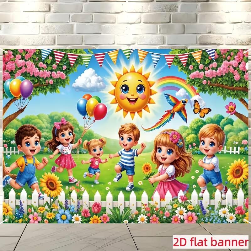 Happy Kids Spring Garden Backdrop Banner, Cartoon Sun Birthday Party Photo Backdrop, Kids Classroom Decor, Home Decor, Festival & Party Supplies