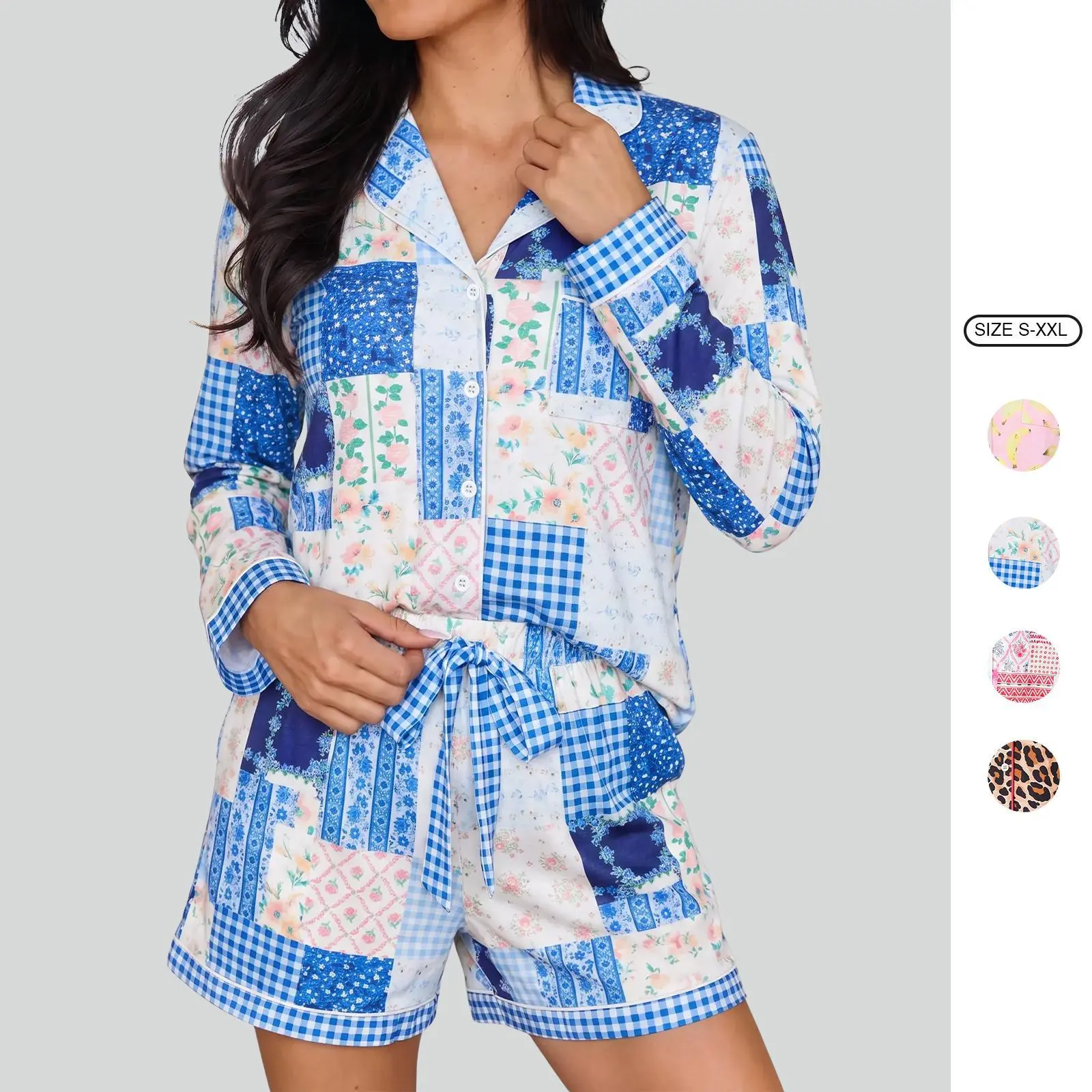 Imily Bela 2026 New Women Patchwork Gingham Floral Print Notch Collar Button Down Short PJ Set Casual Soft Sleepwear