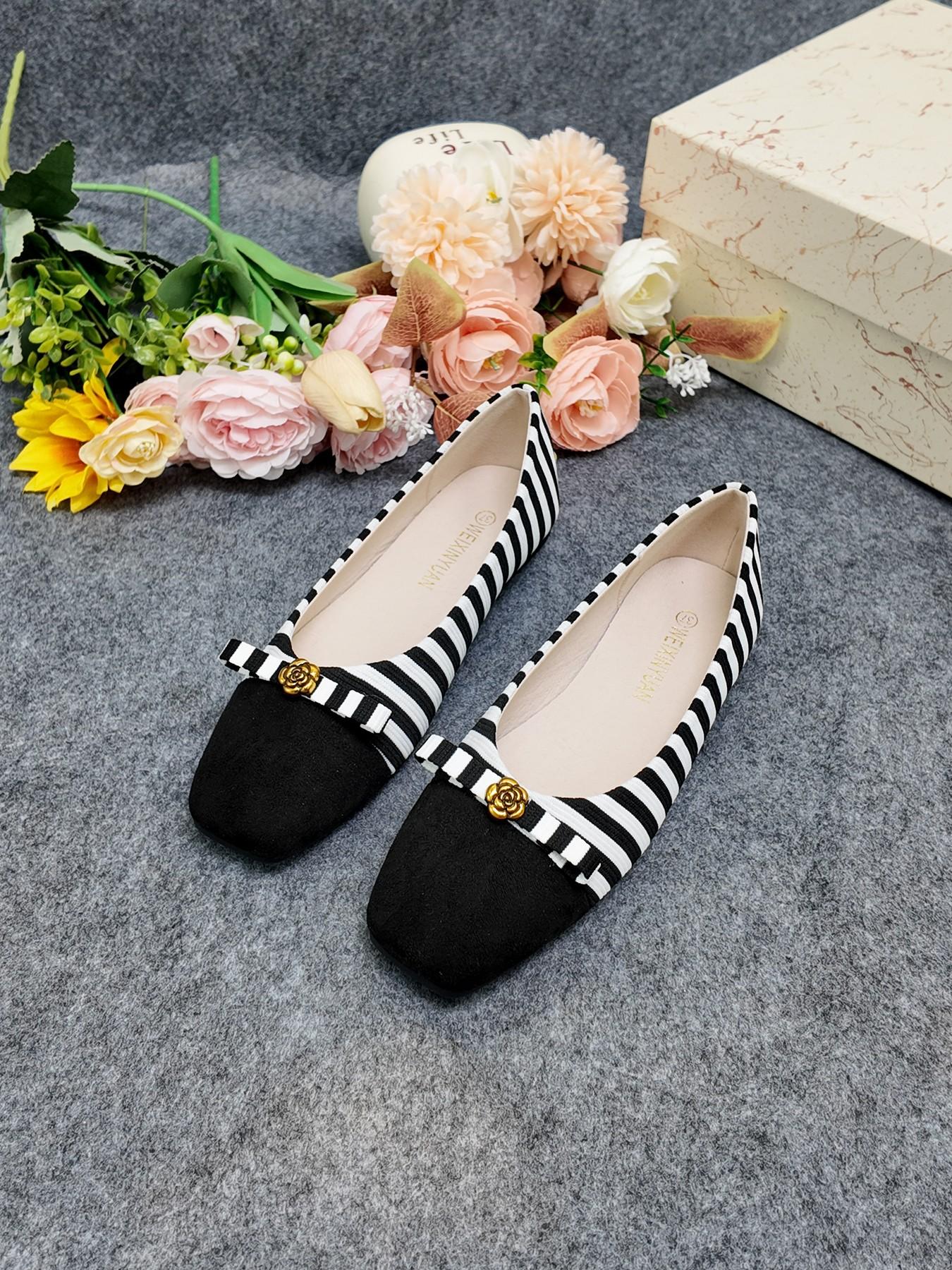 Cute Striped Bow Flat Shoes, Camellia Decoration, Women's Comfortable Casual Shoes, Student Weekend
