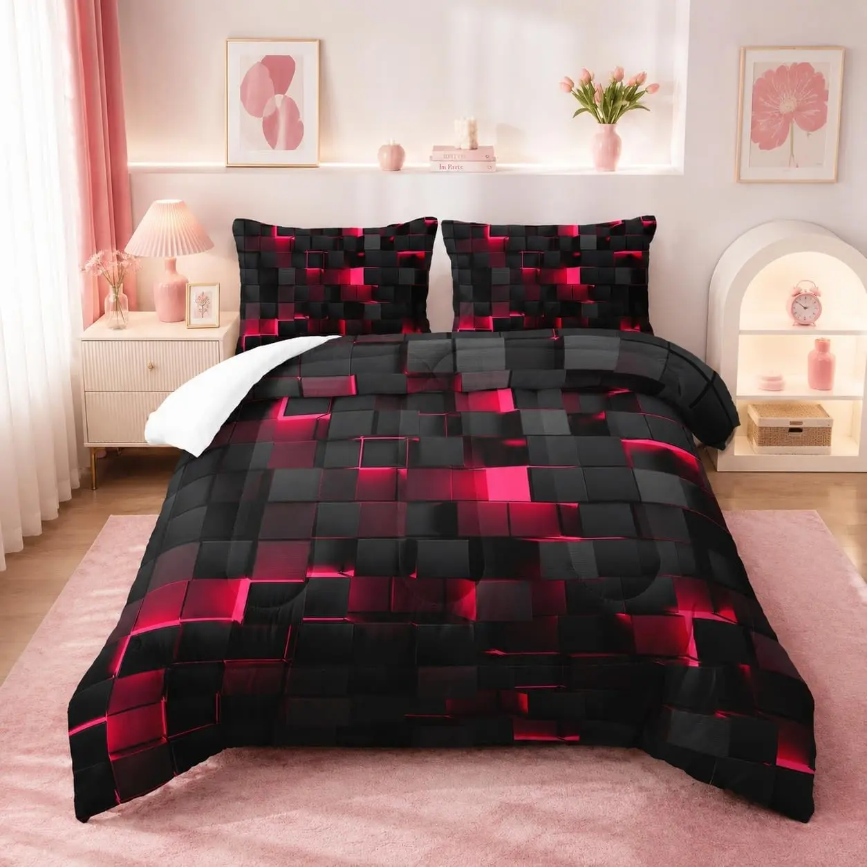 3-Piece Set Checkered Geometric Quilted Bedspread, 200gsm Quilting Fill, Includes 1 Duvet + 2 Pillowcases, Teen & Adult Bedroom Decor, Checkered Bedding Set
