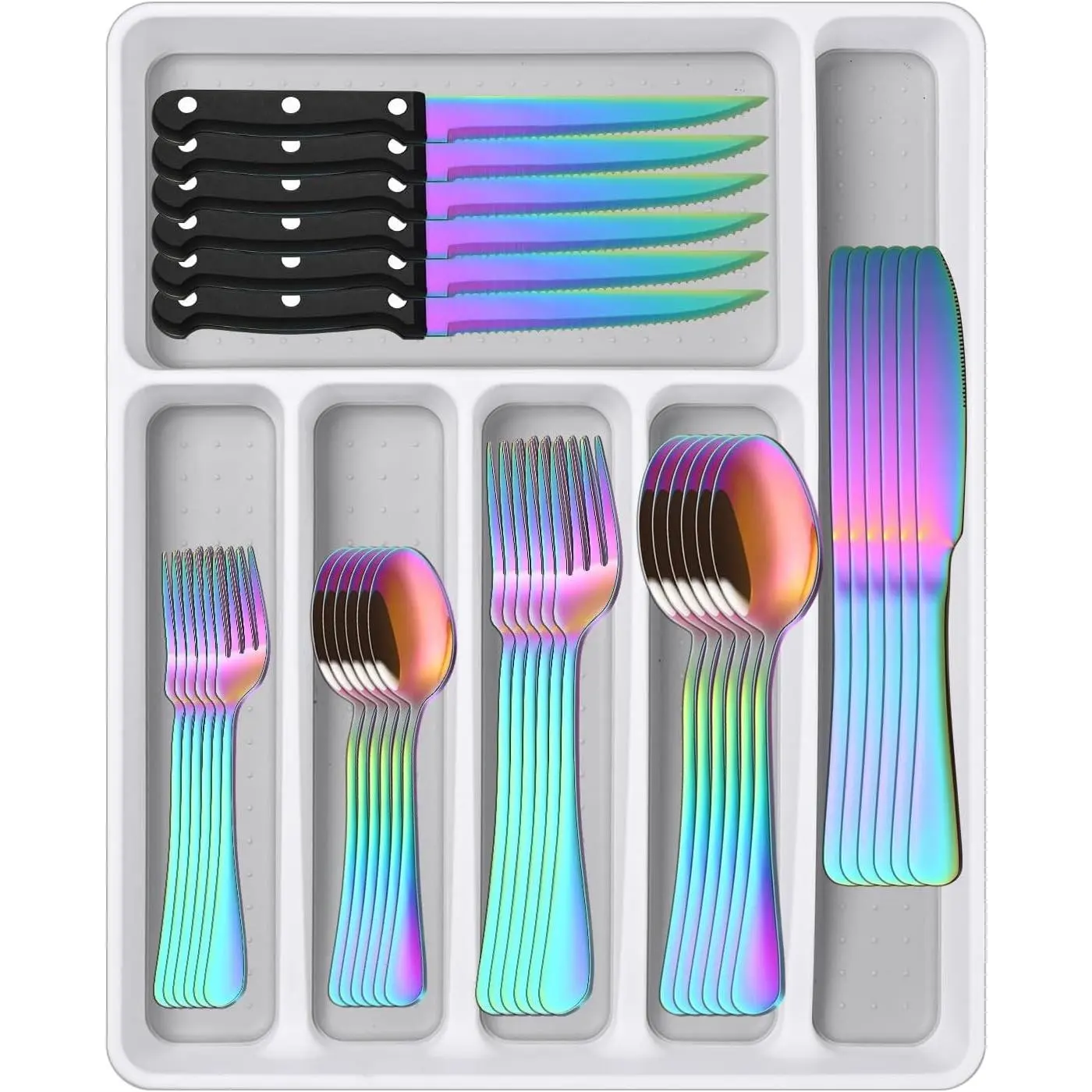 49-Pieces Colorful Rainbow Stainless Steel Silverware Sets With Organizer And Steak Knives,Knife Spoon And Fork Eating Utensils Sets For Ktichen,Multicolor Flatware Sets With Cutlery Tray