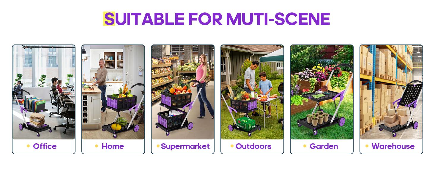 Foldable Utility Cart with Wheels,2 Layers Multifunctional Folding Cart for Cosmetic Organizer,Grocery,Office,Warehouse,Garden, Double Layers Foldable Shopping Cart,Folding Trolley for Luggage Heavy Duty(Blue/RED/PINK/Purple)