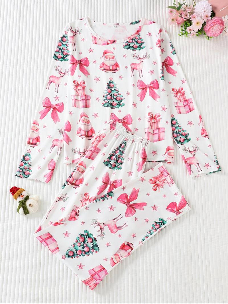 Women's Christmas Santa Gift Pajama Set, Round Neck Long Sleeve & Loose Comfortable Pants, Casual Fitted Sleepwear Loungewear for All Seasons