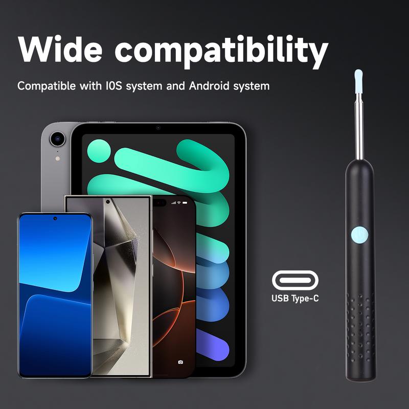 Smart 1080P HD Ear Camera Kit 9 Piece Set for iPhone & Android Safe Wax Removal Tool with 6-9 Soft Silicone Spoons & Rechargeable Battery Black A Christmas gift