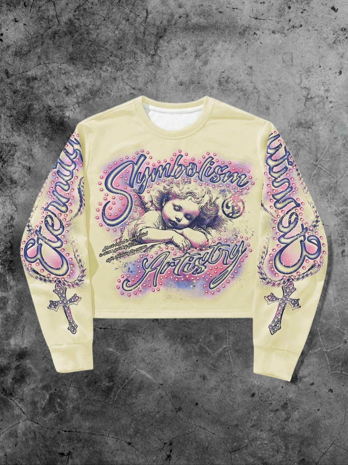 Men's Graphic Sweatshirt with Letter and Cross Print, Loose-Fitting Fall & Winter Pullover, Casual Angel Design Long Sleeve Top