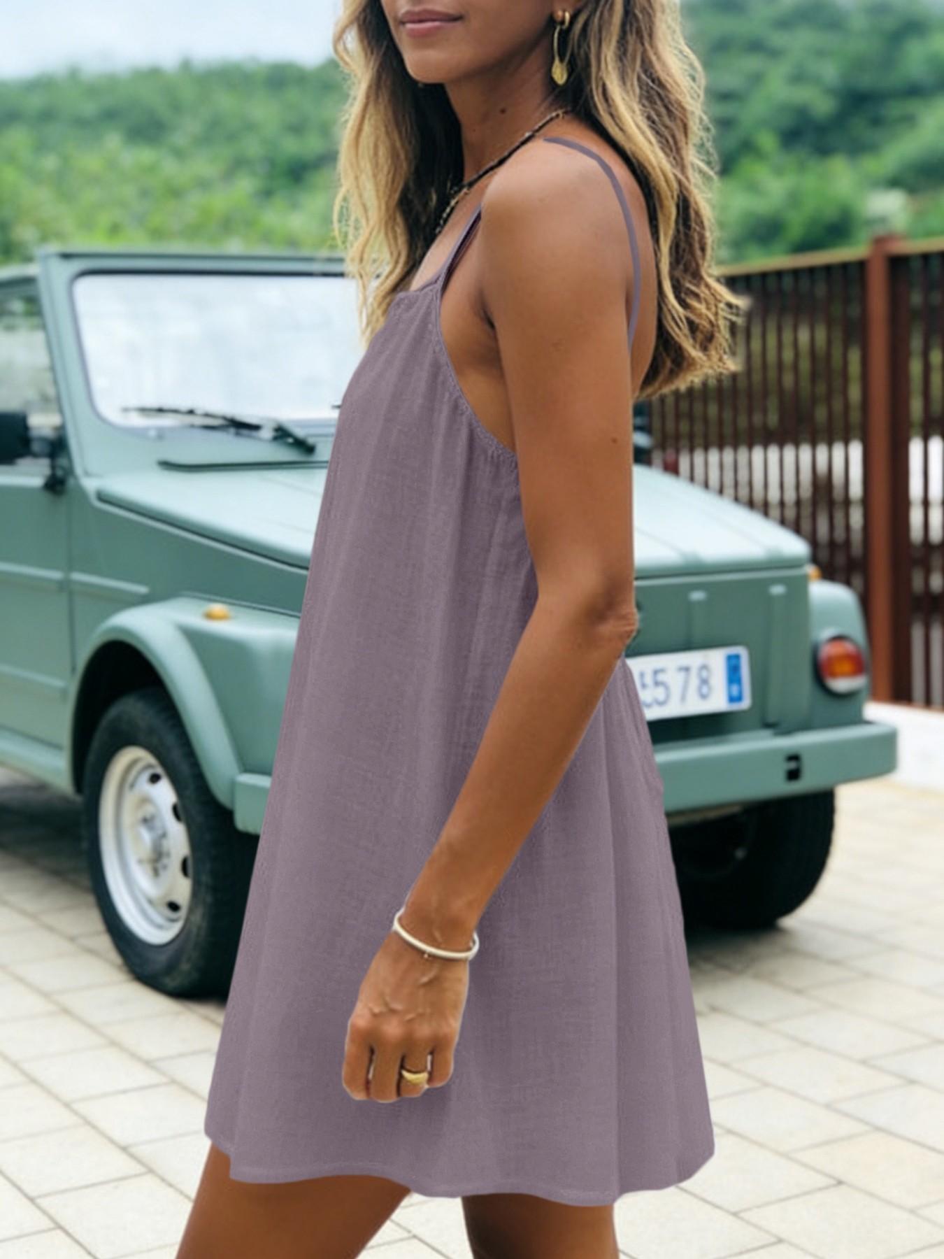 New Solid Backless Spaghetti Strap Short Dress, Casual Chic Dress, Ladies Casual Comfy Classy Loungewear Dress, Loose Casual Home Wear, Sleeveless Style Womenswear, Comfortable Fit, Perfect for Daily Use