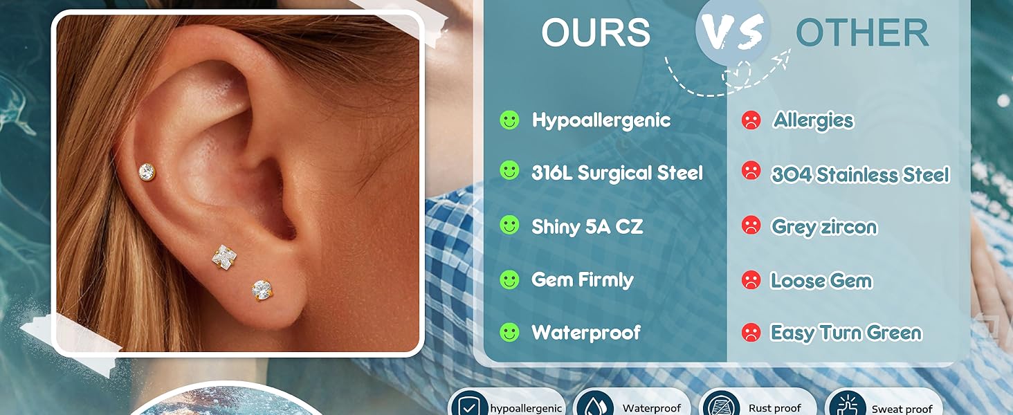 16PCS Gold Nose Piercing Rings Studs for Women Surgical Steel Threadless Push in Flat Back Earrings Hypoallergenic Nose Rings Hoops Cartilage Helix Tragus Nostril jewellery 18G 20G