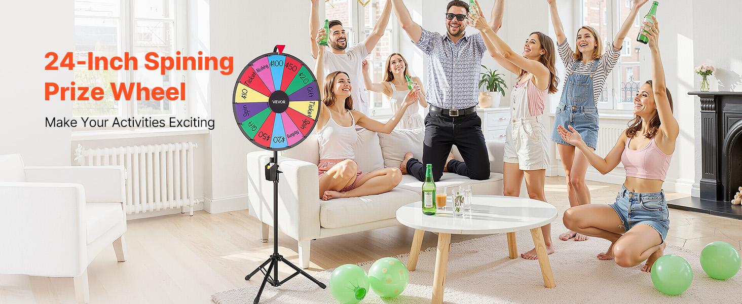 VEVOR 24 in Spinning Prize Wheel, 14 Slots Spinning Wheel with Tripod, Adjustable Height Win Fortune Roulette with a Dry Erase and 2 Markers, 6 Colors, Easy Assembly, for Party Pub Trade Show Carnival