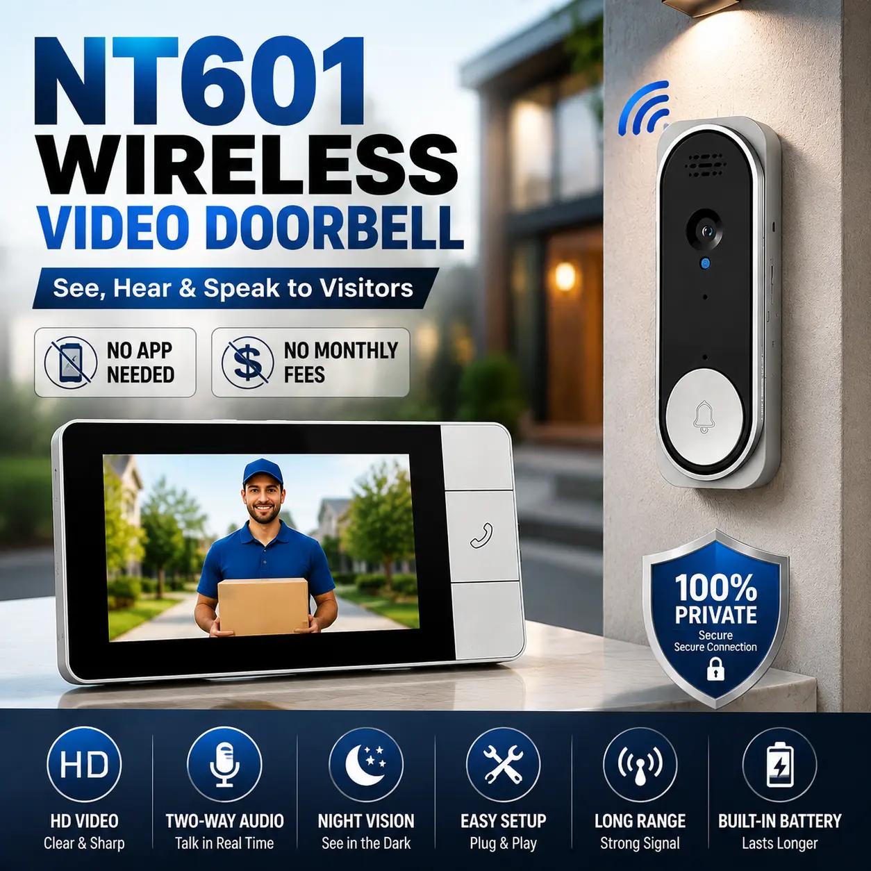 Wireless Video Doorbell Camera with Indoor Monitor, HD Live View, Two-Way Talk, Night Vision, Plug & Play Home Security System with No App or Monthly Subscription