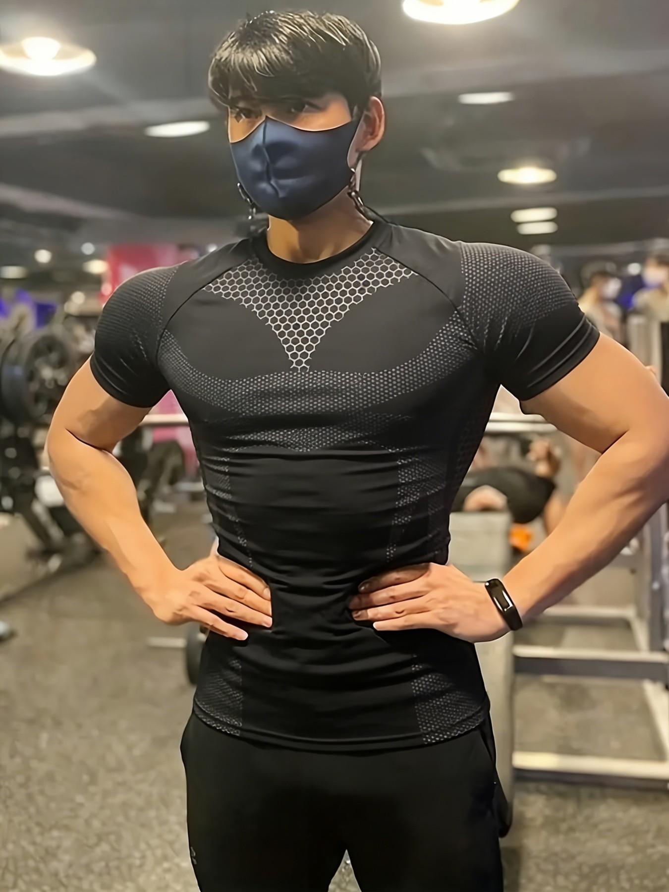 Men's Honeycomb Patchwork Quick-Dry Tight-Fit Shirt, Moisture-Wicking, Breathable, Gym Training Muscle-Defining T-Shirt, All Seasons