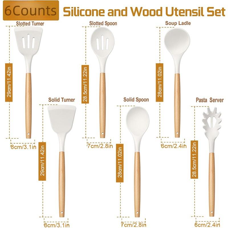 Silicone Kitchen Utensils Set, 6 Counts/set Wooden Handle Cooking Utensils Set, Heatproof Kitchen Tools for Non-stick Cookware
