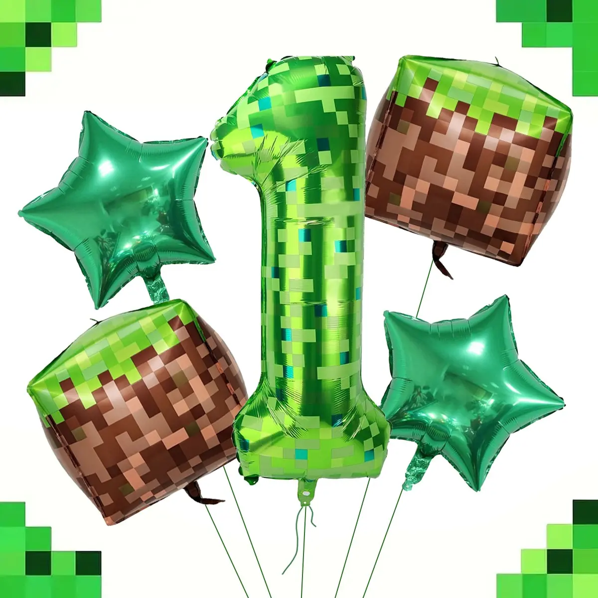5-Piece Set 40-Inch Pixel Miner Aluminum Foil Balloon Kit, Large Polyester Film Mining Theme Number Balloons 0-9, Birthday Party Decorations