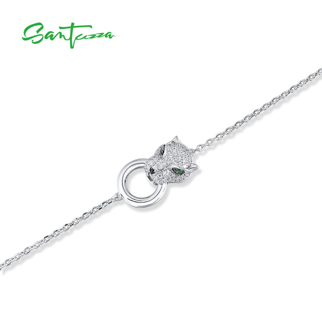 SANTUZZA 925 Silver White Cubic Zirconia Lab Created Green And Black Spinel Leopard Bracelet For Women Fine Jewelry