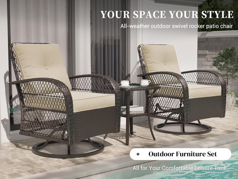 UDPATIO 3 Piece All-Weather Patio Furniture Set with Wicker Design, Rattan Rocking Chair, Glass Top Side Table Thickened Cushions Outdoor Deck Relax