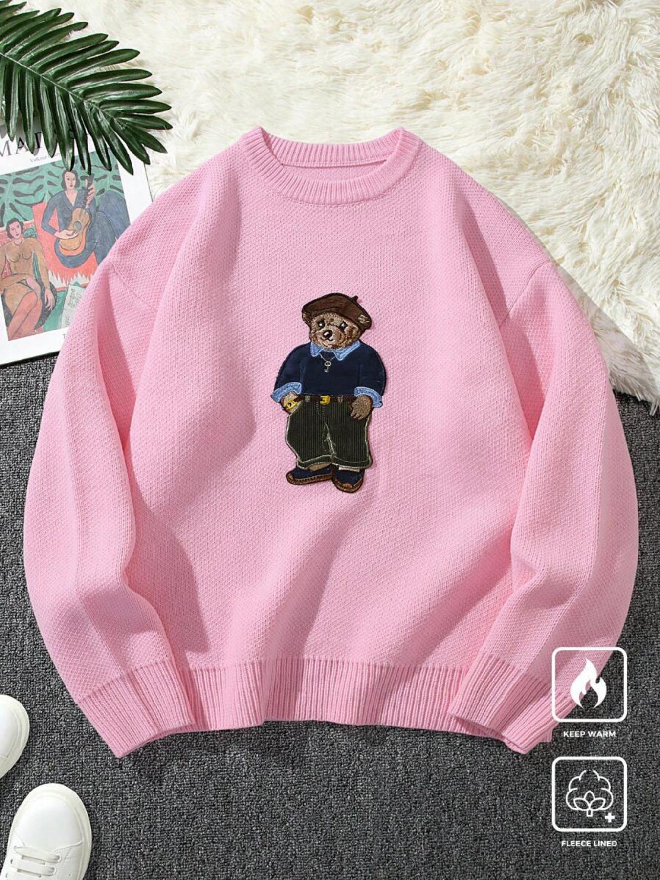 Unisex Cartoon Bear Print Crew Neck Sweater Crewneck, Casual Loose Long Sleeve Jumper For Fall & Winter, Fashion Ladies' Knitwear For Daily Wear