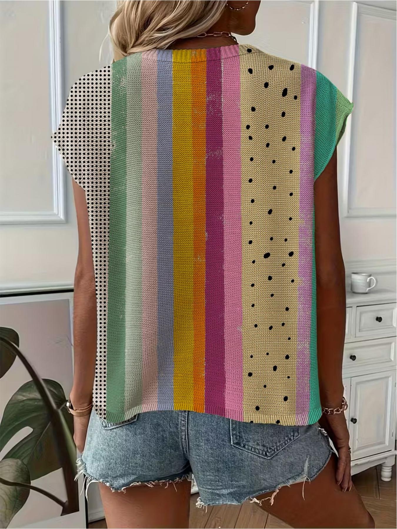 Spring/Summer crew neck drop-shoulder loose fit contrast stripe splicing print short-sleeve women's knit top, vacation style, casual elegant commute, ladies short-sleeve knit top, bikini cover-up.