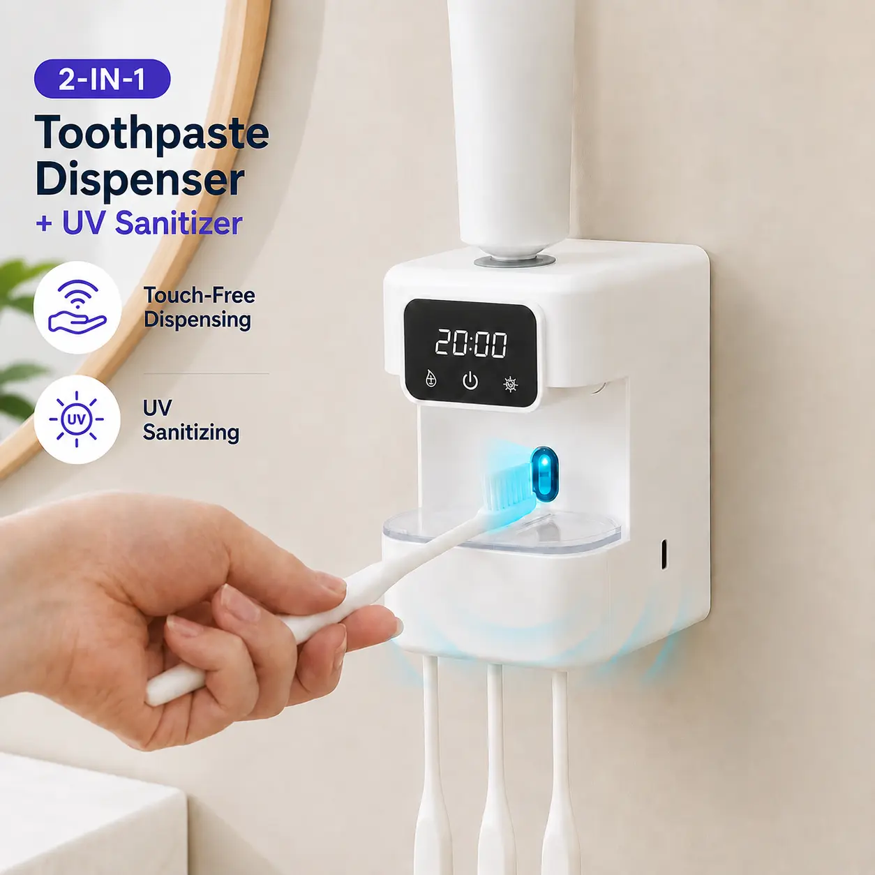 No-Drill UV Toothbrush Sanitizer Holder with Automatic Toothpaste Dispenser, Wall-Mounted Touchless Infrared Sensor, Digital Timer, 2 Dispensing Modes, Removable Drip Tray & USB-C Rechargeable Bathroom Organizer Sterilizing Mount