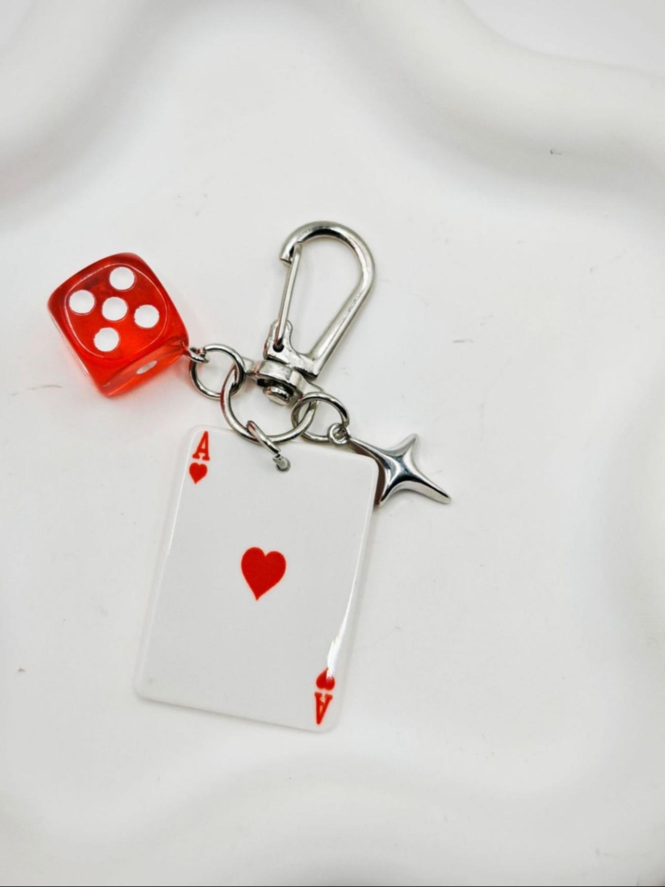 Playing Card & Dice Key Chain with Star Pendant, Spade Diamond Club Alloy Metal Keyring, Bag Charm, Car Keychain, Phone Strap, Keychain for Bags
