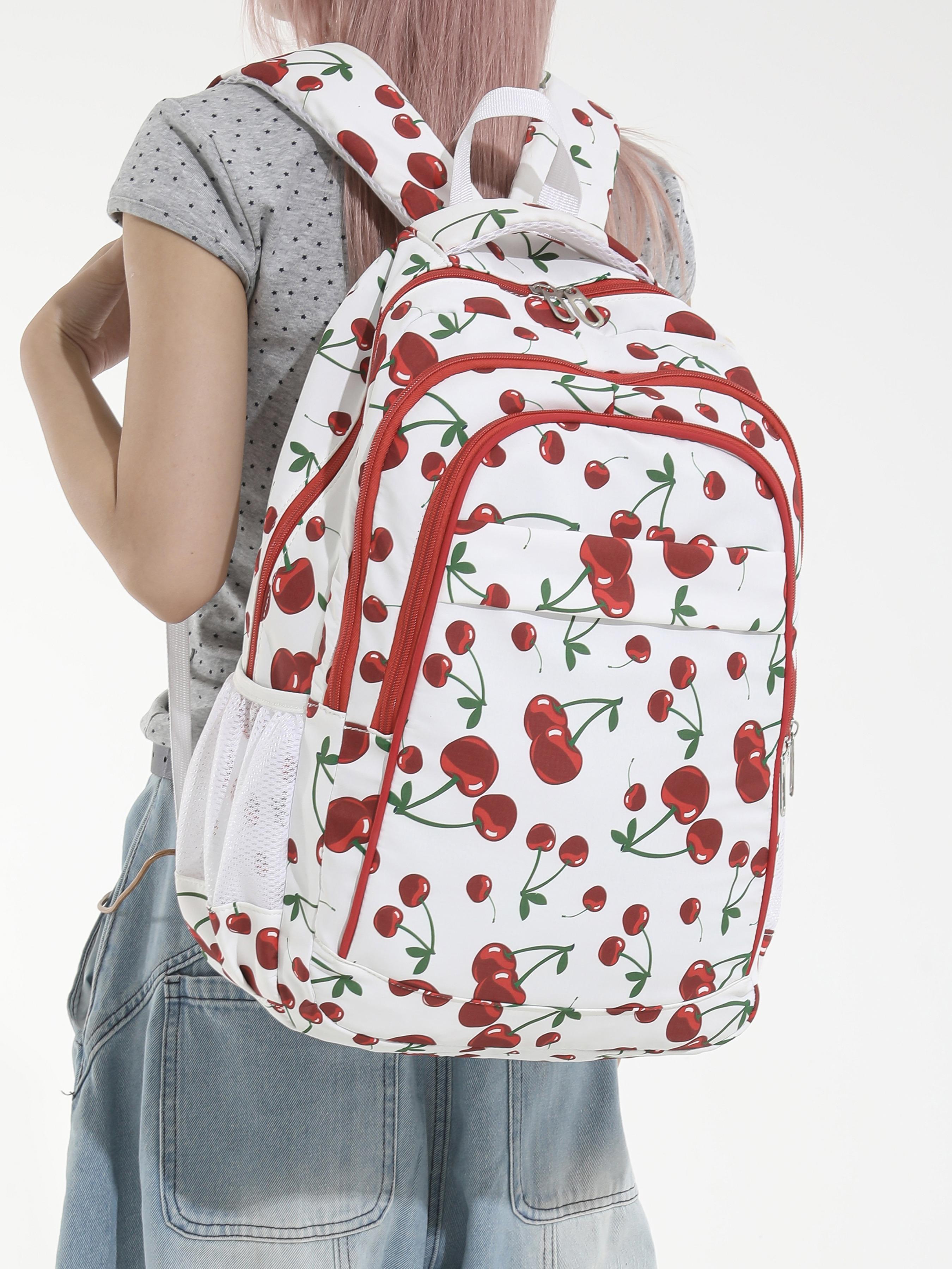 Fashion Cherry Print Backpack, Large Capacity Multi-Pocket Bag, Adjustable Straps, Zipper Closure, Ideal for Office, School, Travel