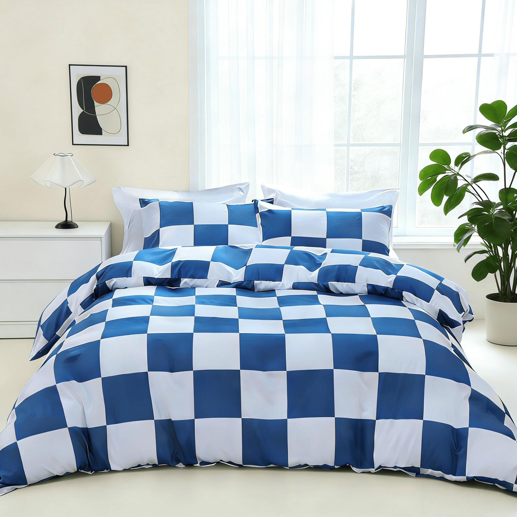 Modern minimalist blue & white plaid geometric bedding set, 3-piece set includes 1 duvet cover and 2 pillowcases, without inserts.Easy to remove, durable, perfect for bedroom decoration, soft and comfortable.