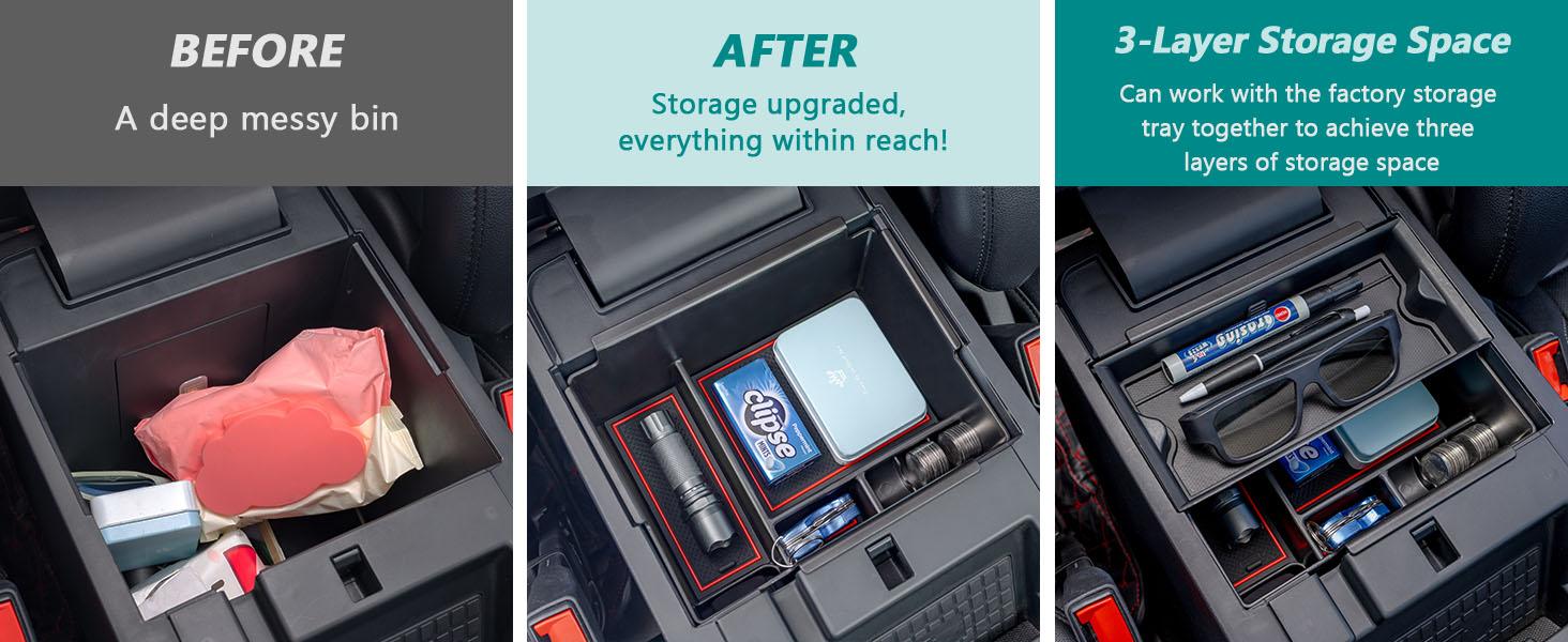 2020-2026 Ford Explorer Console Organizer Tray - Compatible with 2020+ Ford Explorer Deep Armrest Storage Box with Coin Holder & Non-Slip Mats, Red Interior 6th Gen Explorer Accessories