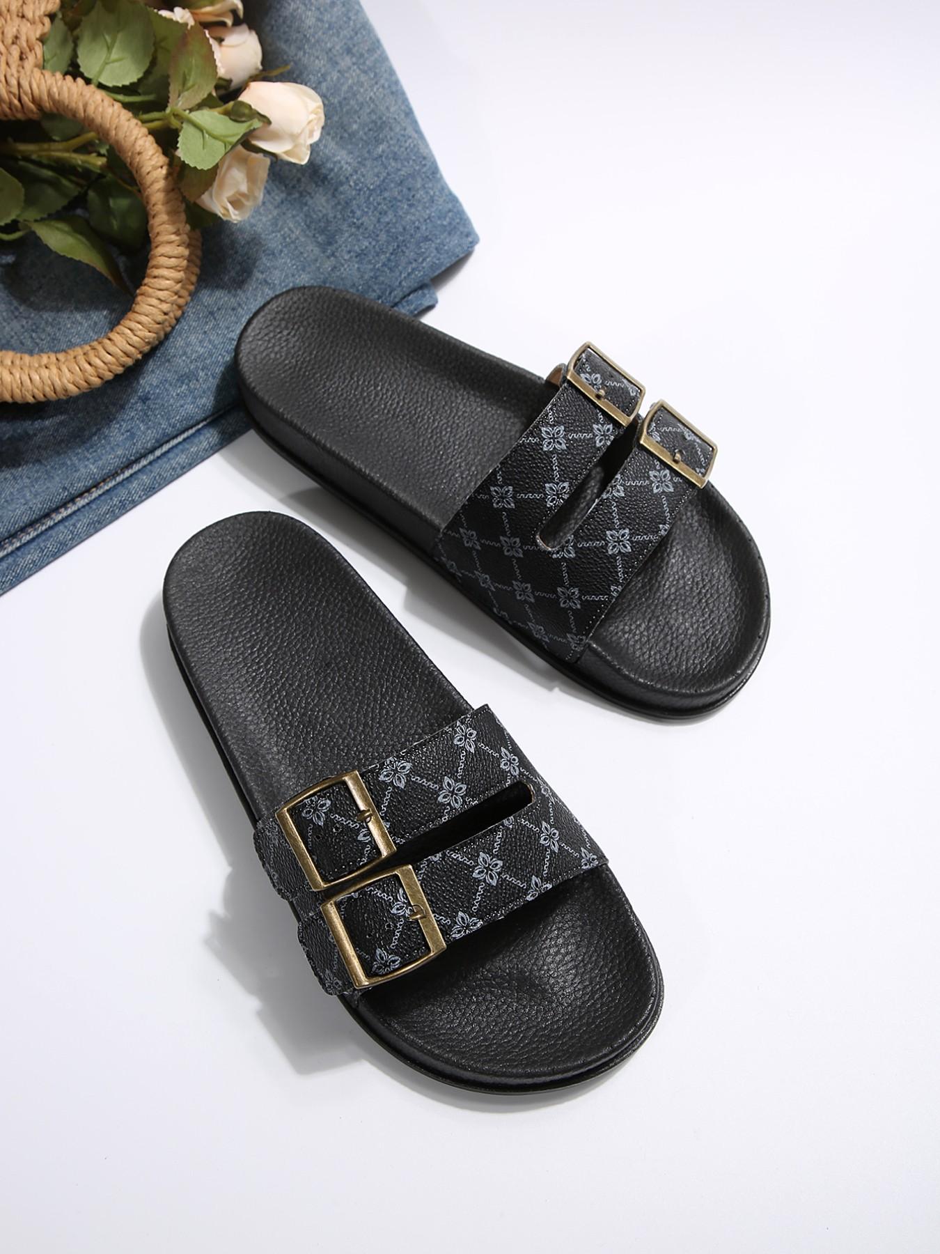 Women's Fashionable Double Buckle Decorated Slippers, Casual Comfortable Slides, Durable Soft Slippers for Daily Wear, Walking Shoes, House Slides