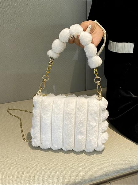 Soft Plush Detail Handbag, Cute Design Crossbody Bag for Girls & Women, Fluffy Handbag, Perfect for Fall Winter Season, Ideal Gift Choice