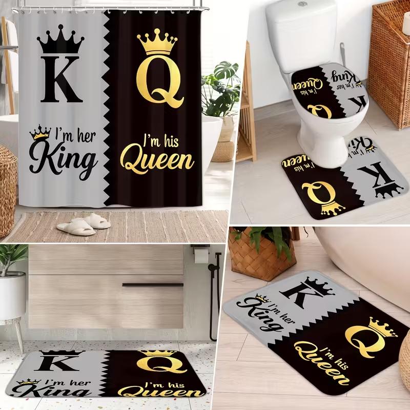 1/4pc King and Queen Pattern Shower Curtain Set, Bathroom Shower Equipment, including shower curtain, toilet seat cover, rectangular mat, and U-shaped mat, perfect for bathroom décor, beautifying the space. Comes with 12 shower curtain hooks.